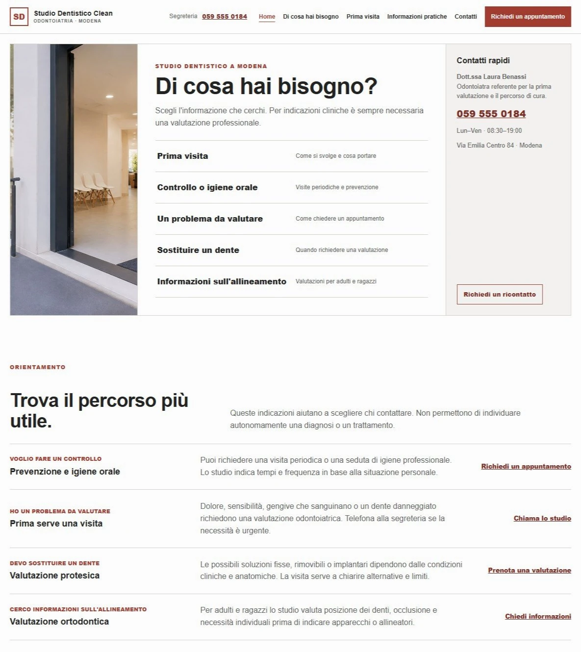 Sito Web professionale Studio Dentistico Clean: homepage e presentazione dello studio dentistico