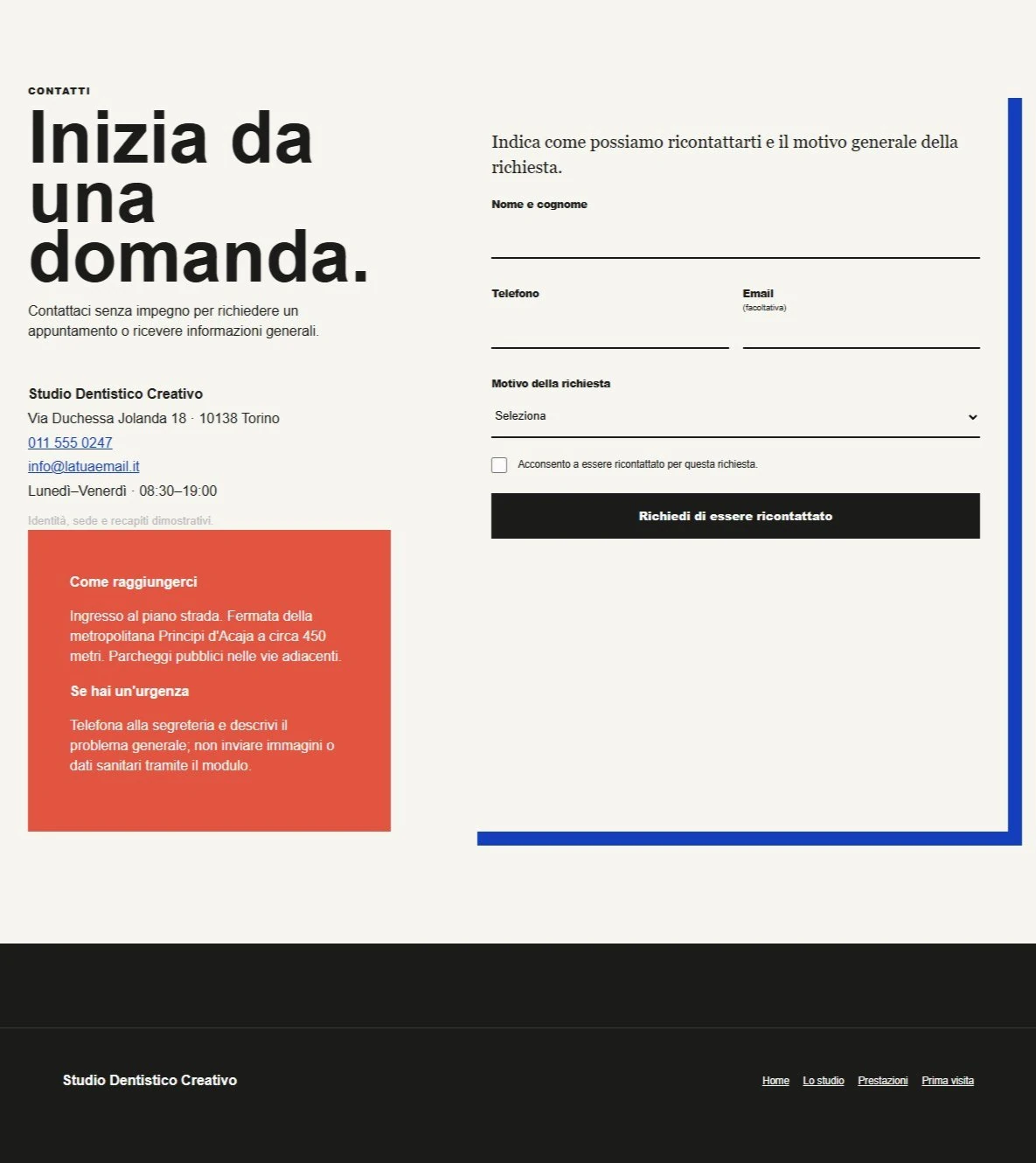 Sito Web professionale Studio Dentistico Creativo: modulo di richiesta ricontatto