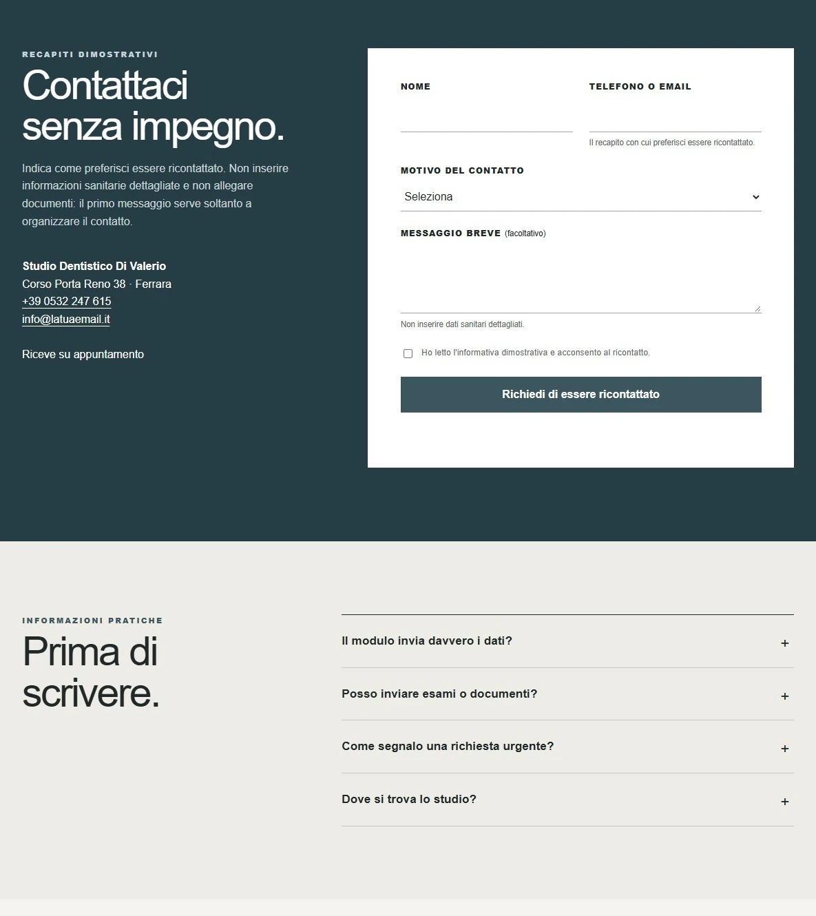 Sito Web professionale Studio Dentistico Di Valerio: modulo di richiesta ricontatto
