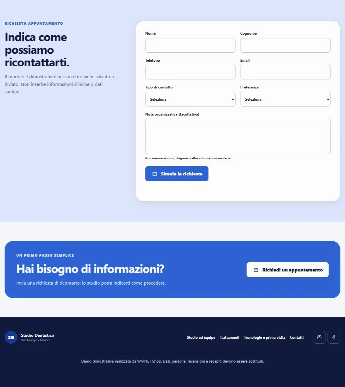 Sito Web professionale Studio Dentistico Istituzionale: modulo di richiesta ricontatto