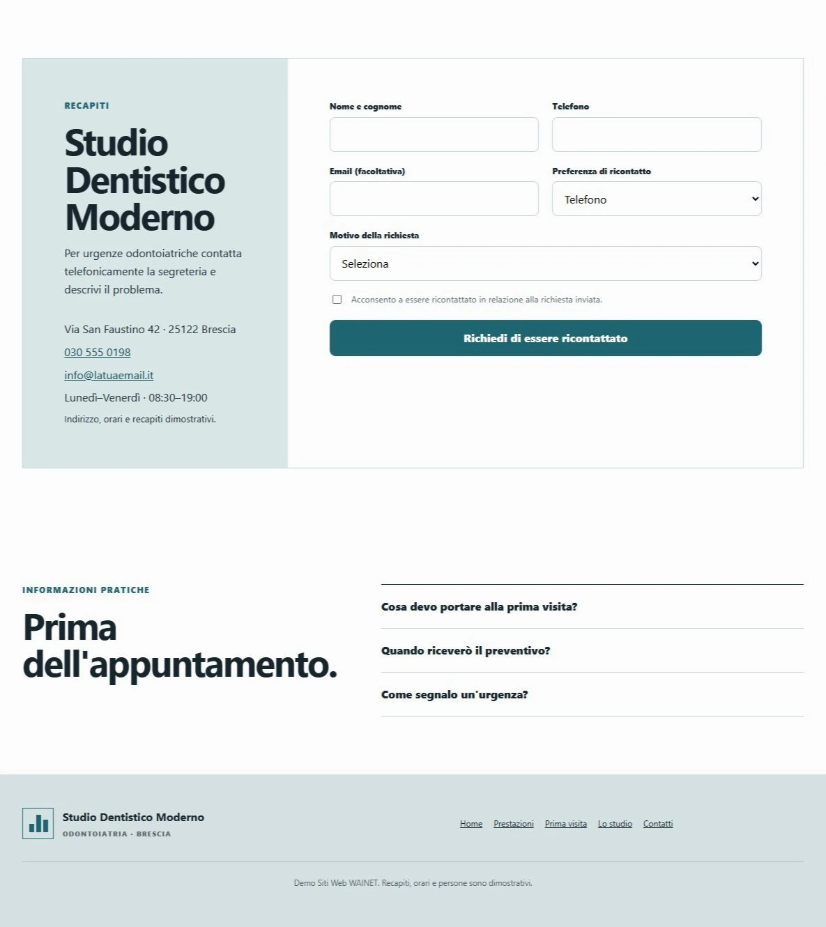 Sito Web professionale Studio Dentistico Moderno: modulo di richiesta ricontatto