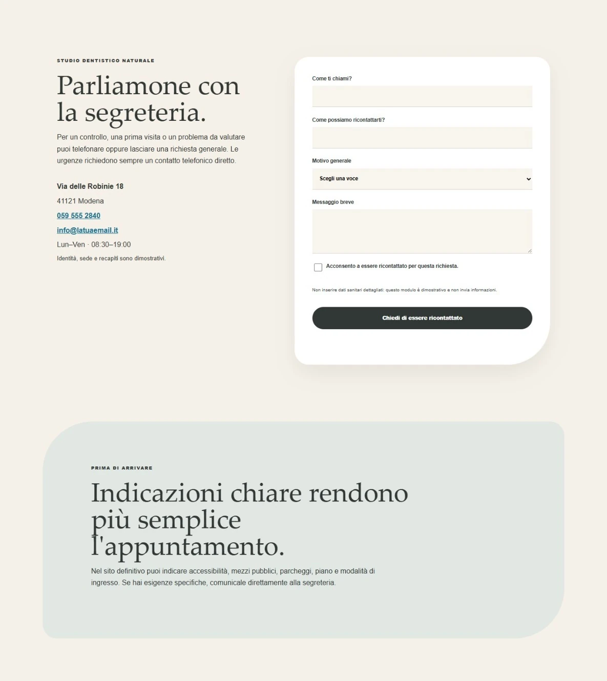 Sito Web professionale Studio Dentistico Naturale: modulo di richiesta ricontatto