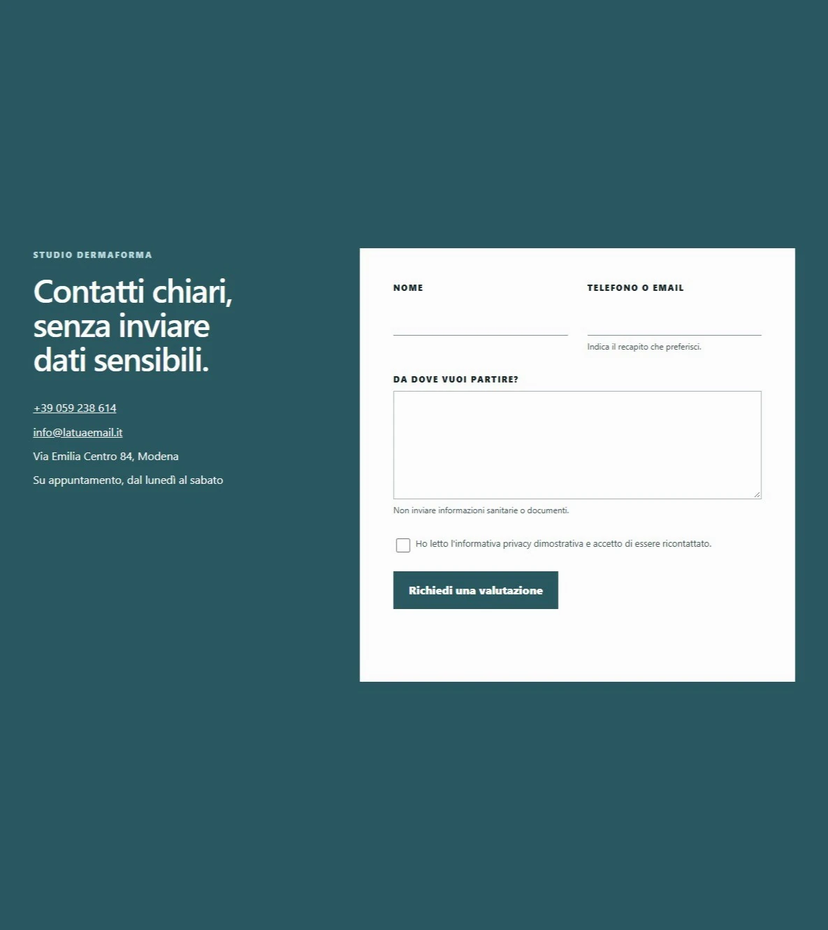 Sito Web professionale Studio DermaForma: modulo di richiesta appuntamento