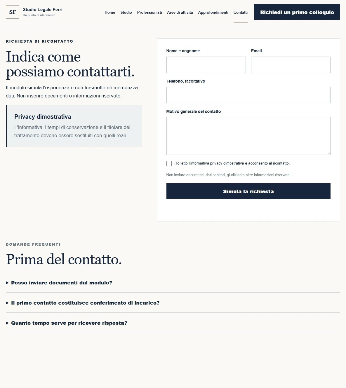Sito Web professionale Studio Legale Classic: modulo di primo contatto