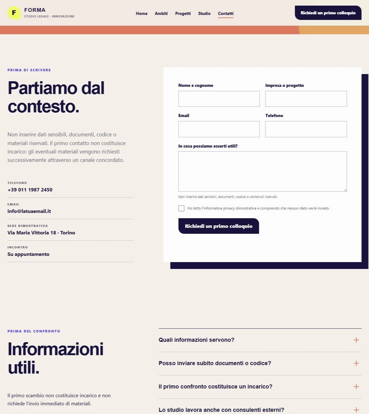 Sito Web professionale Studio Legale Innovazione: modulo di primo contatto