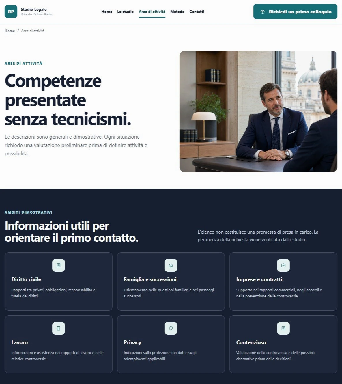 Sito Web professionale Studio Legale Pichini: aree di attività