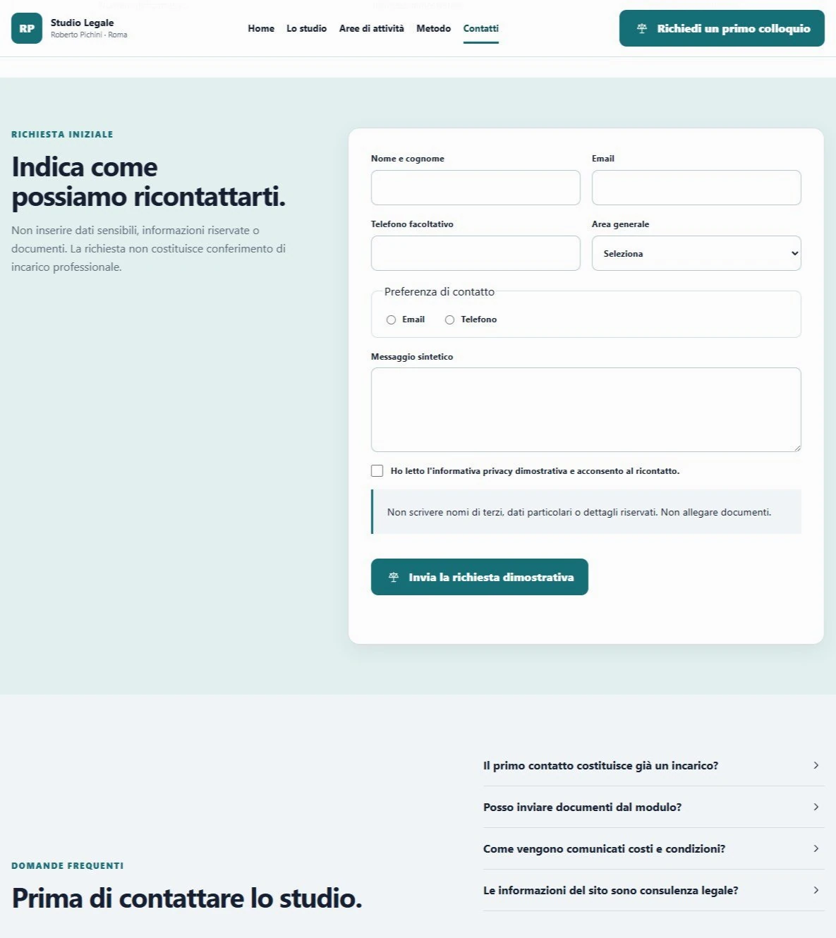 Sito Web professionale Studio Legale Pichini: modulo di primo contatto