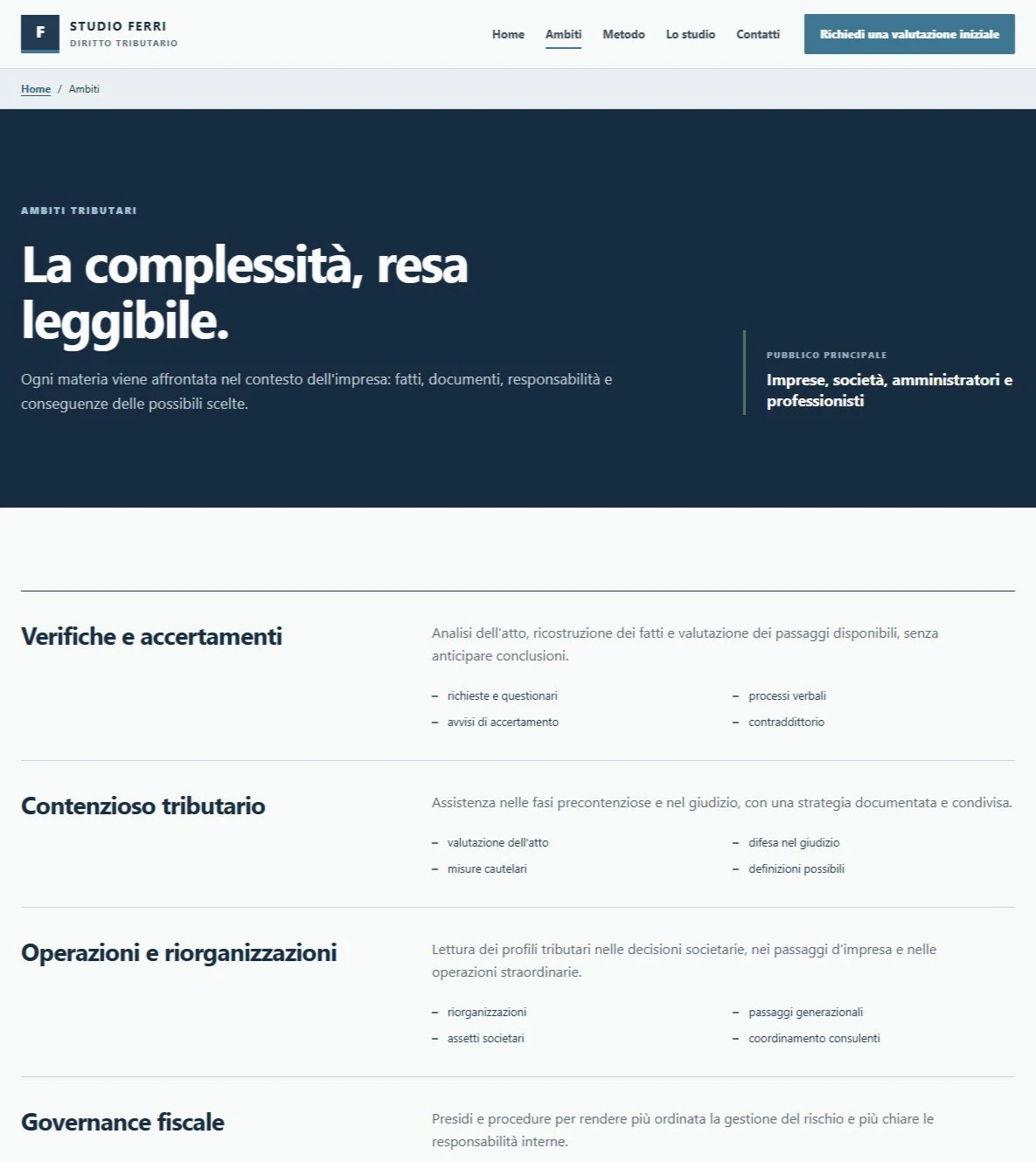 Sito Web professionale Studio Tributario: ambiti di attività