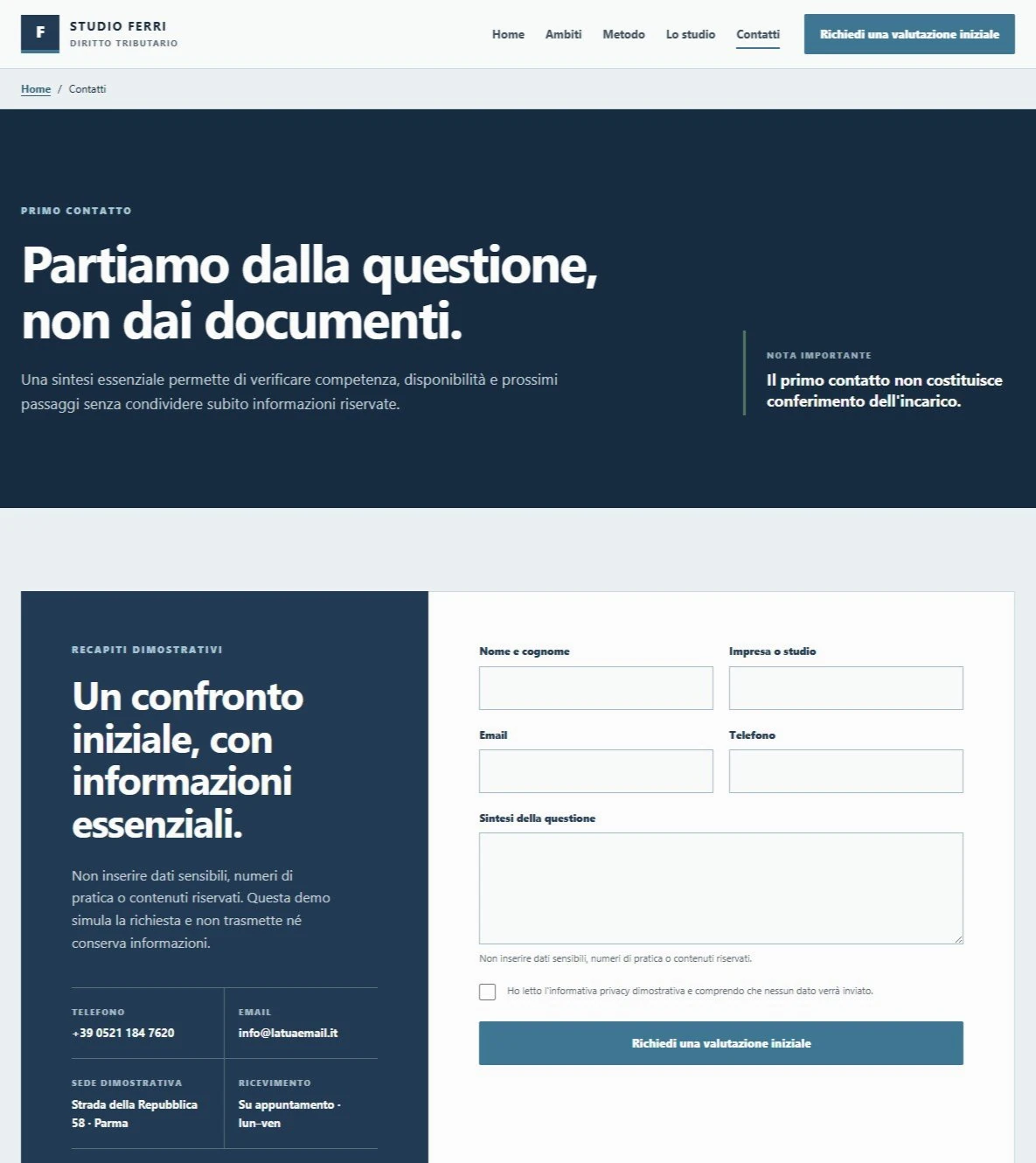 Sito Web professionale Studio Tributario: pagina e modulo di contatto