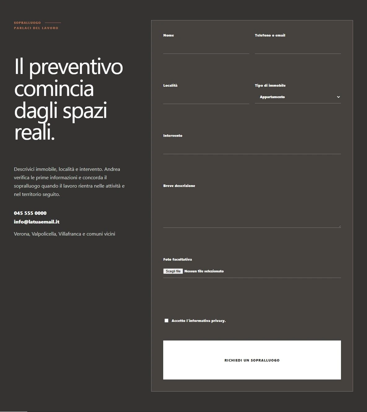 Sito Web professionale Valli Opere: modulo di richiesta di contatto