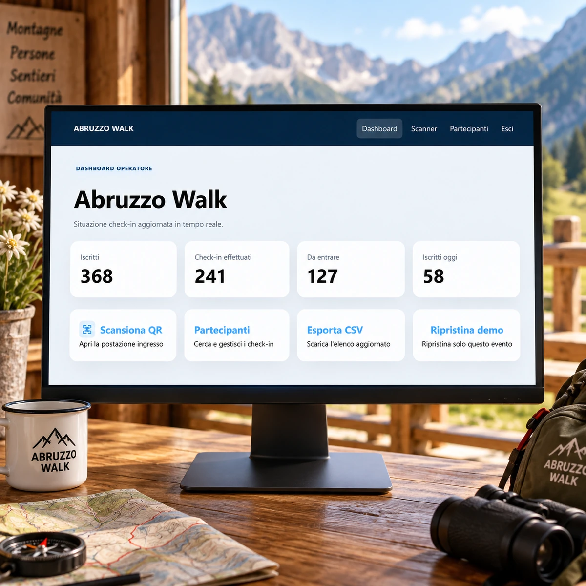 Area operatore - Iscrizioni e Check-in QR per Passeggiate ed Escursioni - mockup dimostrativo