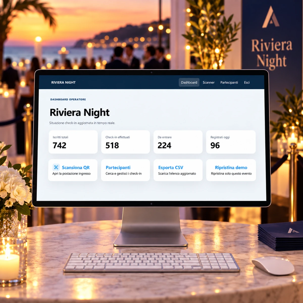 Area operatore - Iscrizioni e Check-in QR per Feste ed Eventi - mockup dimostrativo