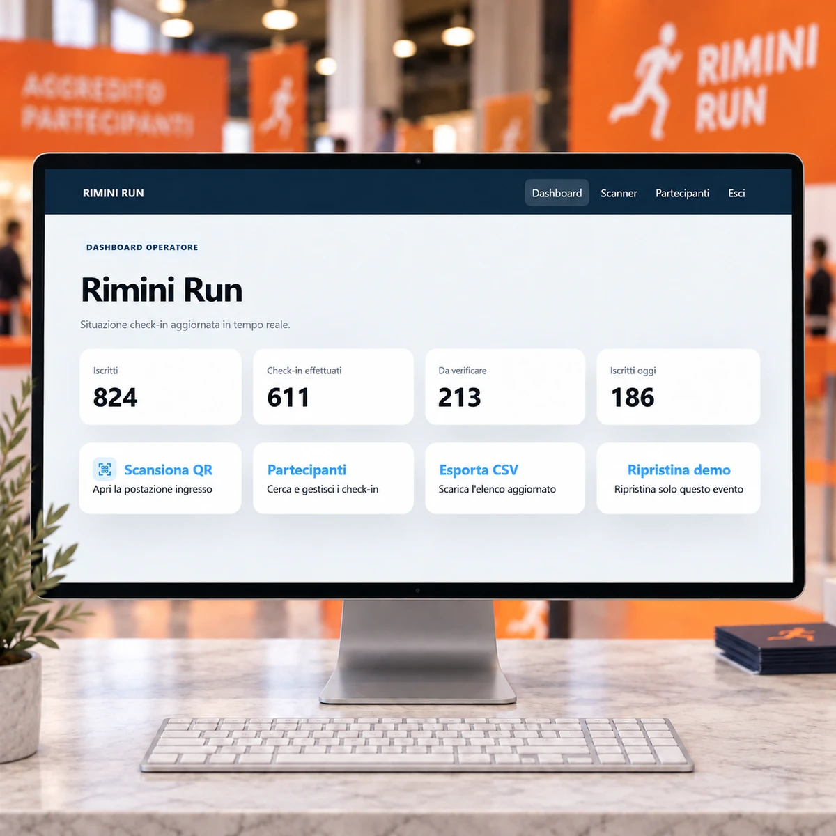 Area operatore - Iscrizioni e Check-in QR per Gare Sportive - mockup dimostrativo