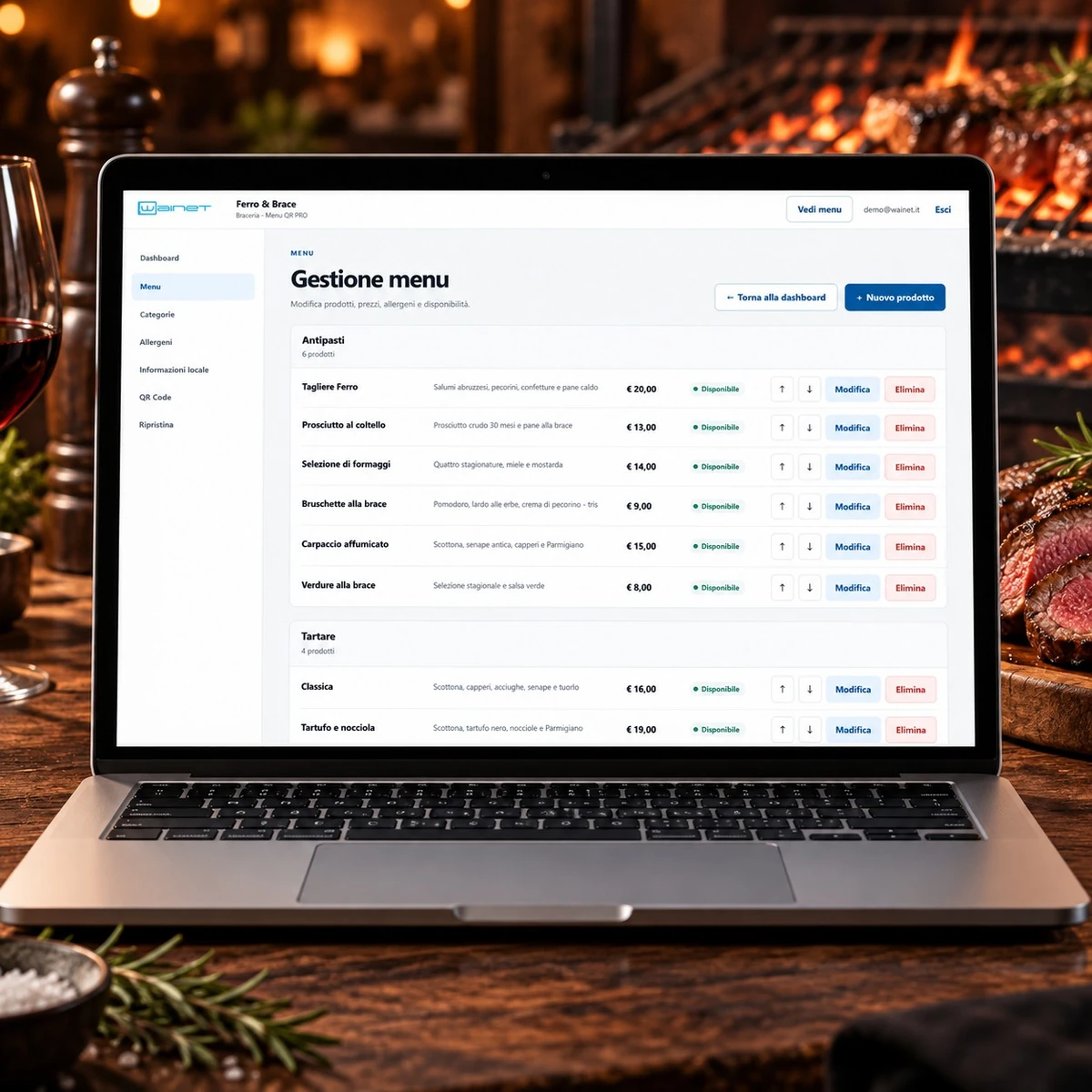 Menu QR Code per Bracerie - Gestione PRO - mockup dimostrativo