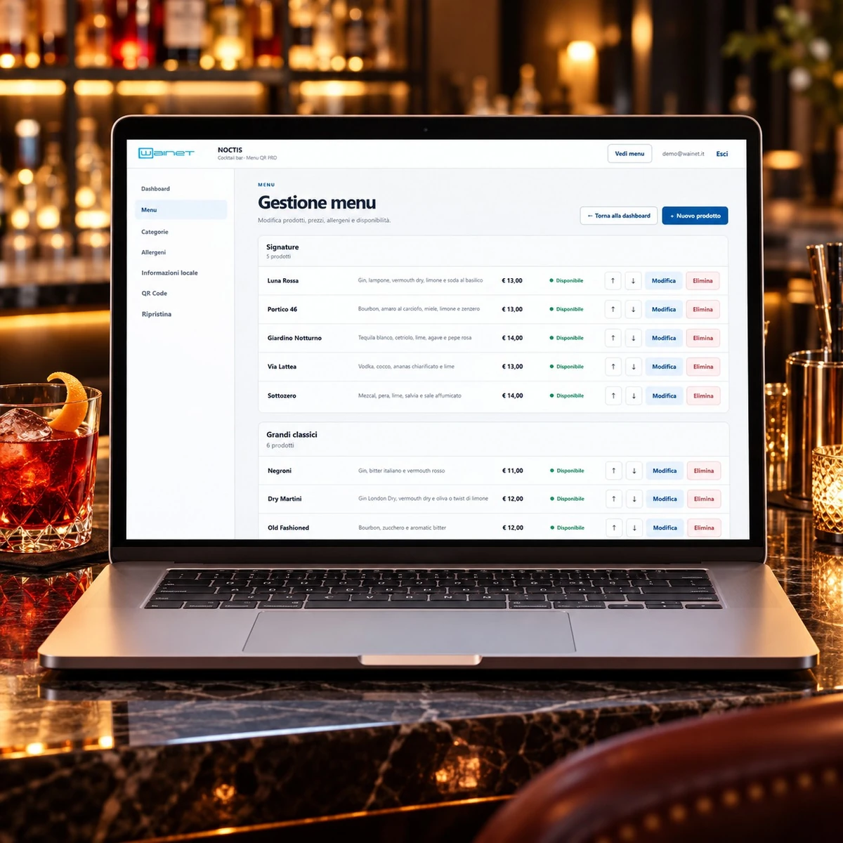 Menu QR Code per Cocktail Bar - Gestione PRO - mockup dimostrativo