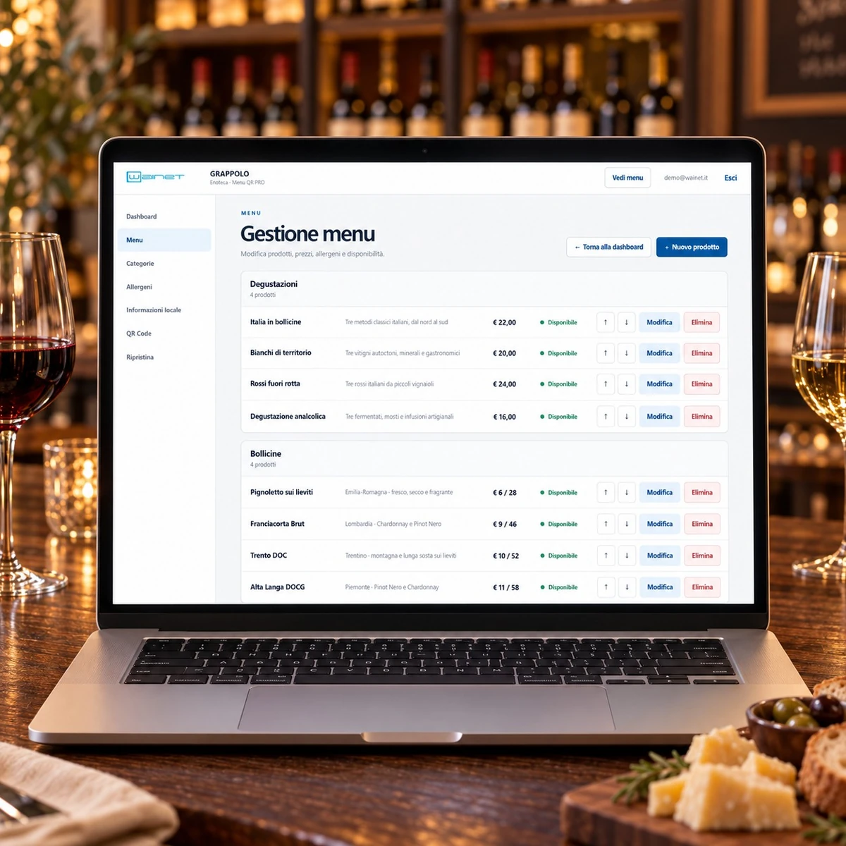 Menu QR Code per Enoteche - Gestione PRO - mockup dimostrativo