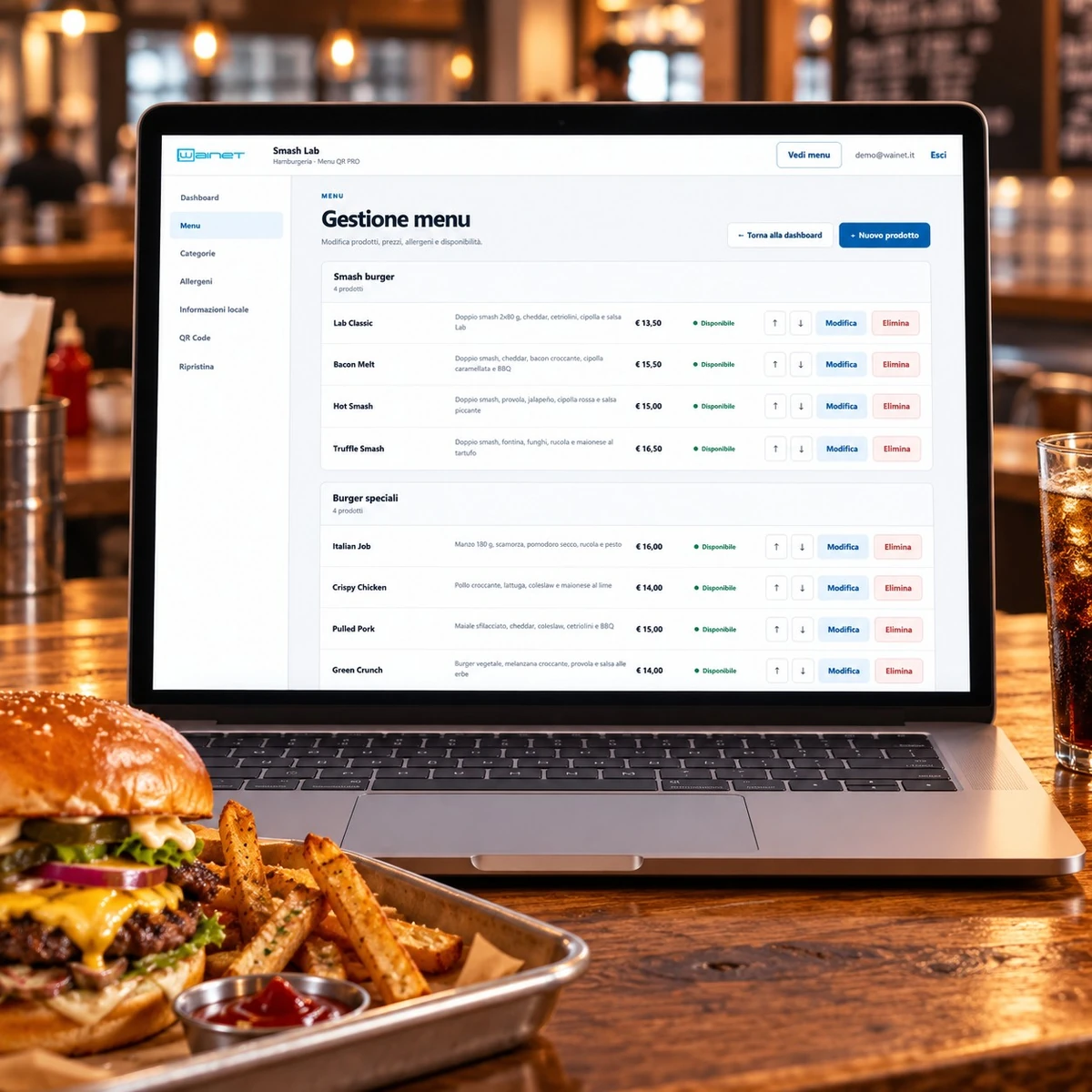 Menu QR Code per Hamburgerie - Gestione PRO - mockup dimostrativo
