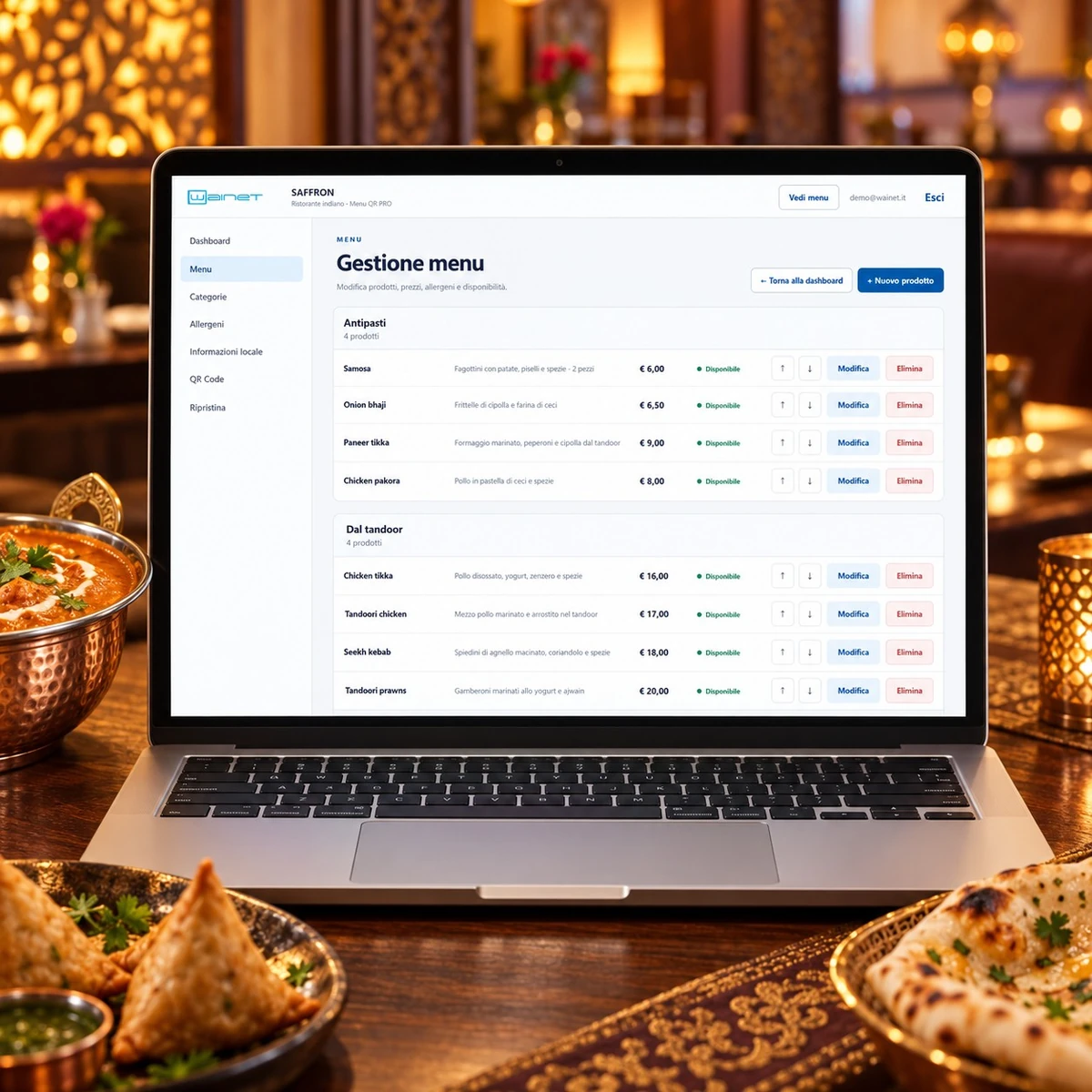 Menu QR Code per Ristoranti Indiani - Gestione PRO - mockup dimostrativo