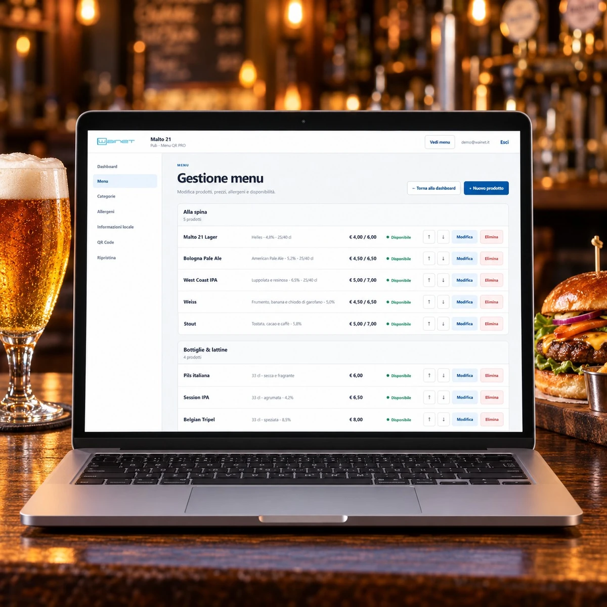 Menu QR Code per Pub e Birrerie - Gestione PRO - mockup dimostrativo