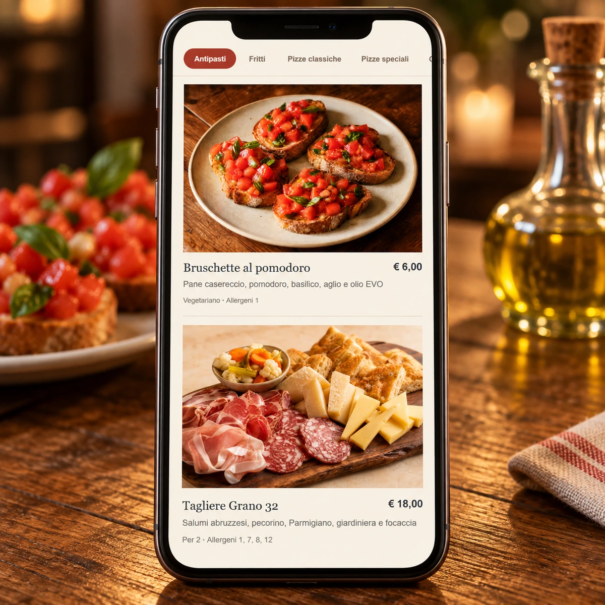 Menu digitale della pizzeria Grano 32 su smartphone, con foto e prezzi di bruschette al pomodoro e tagliere di salumi e formaggi.