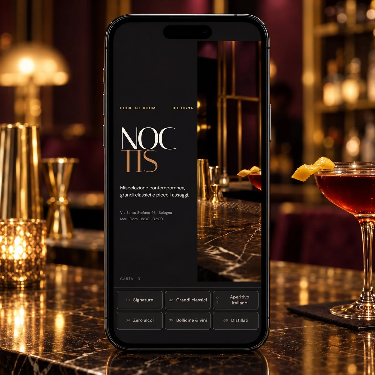 Menu QR Code per Cocktail Bar - Menu su smartphone - mockup dimostrativo