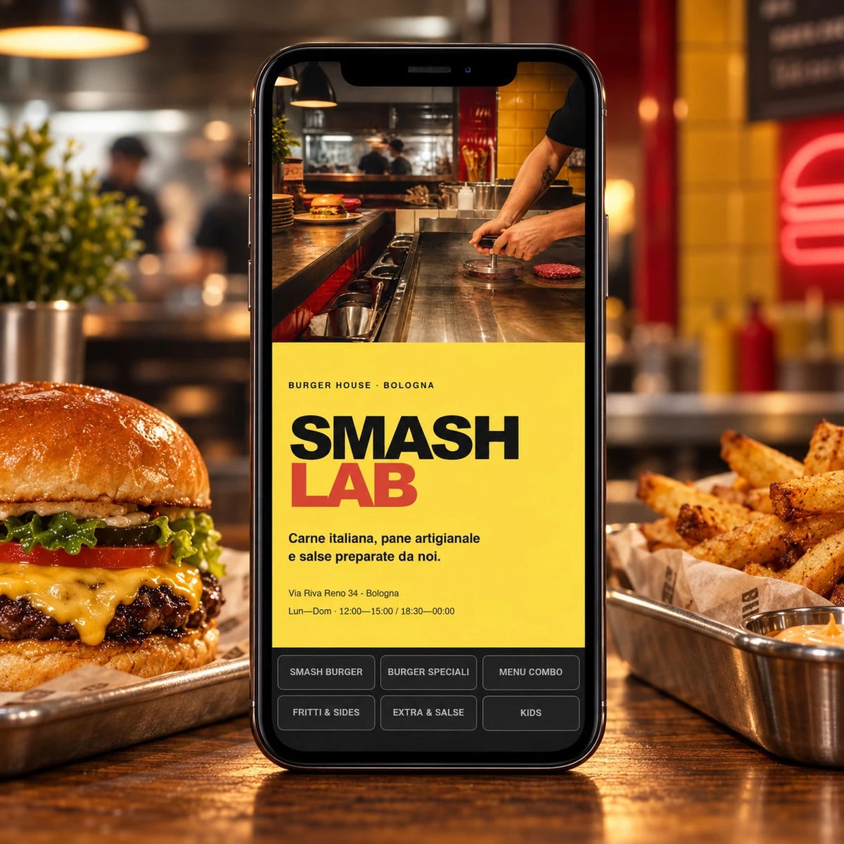 Menu QR Code per Hamburgerie - Menu su smartphone - mockup dimostrativo