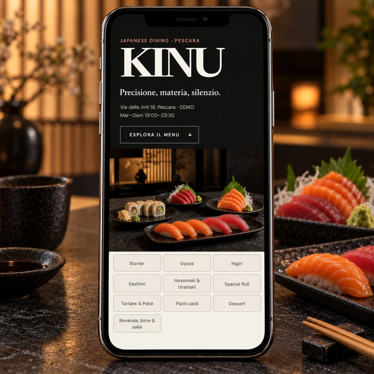 Menu QR Code per Ristoranti Sushi - Menu su smartphone - mockup dimostrativo
