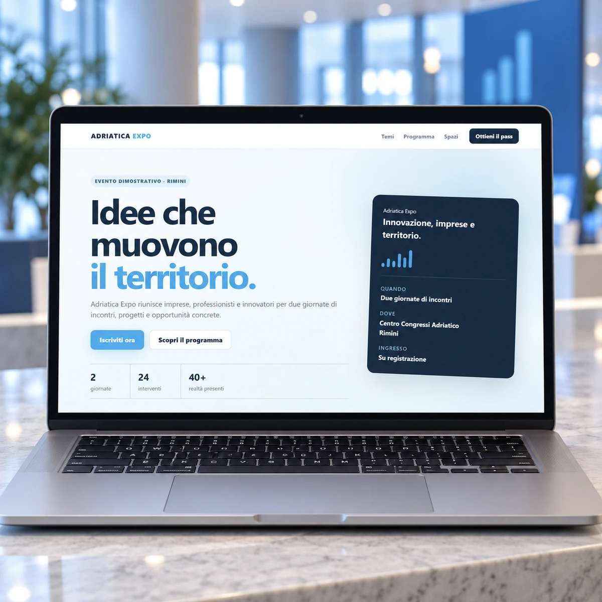 Adriatica Expo - pagina evento su notebook, mockup dimostrativo