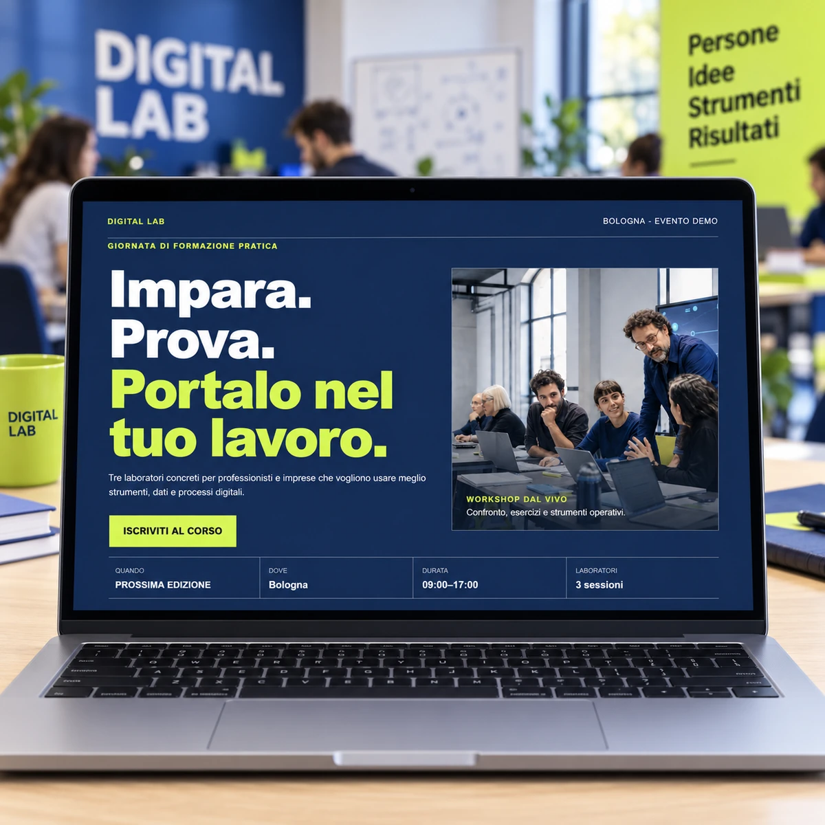 Pagina evento su notebook - Iscrizioni e Check-in QR per Corsi e Seminari - mockup dimostrativo