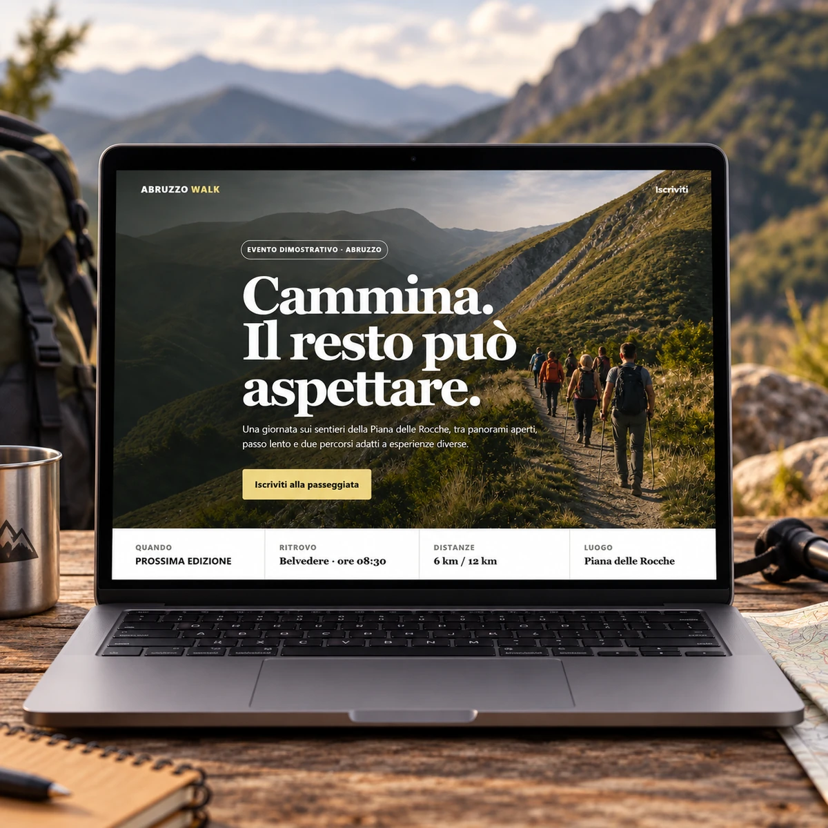 Pagina evento su notebook - Iscrizioni e Check-in QR per Passeggiate ed Escursioni - mockup dimostrativo