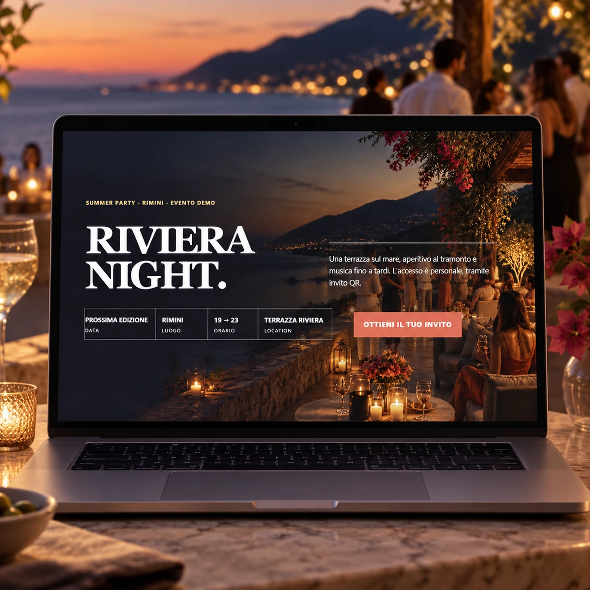 Pagina evento su notebook - Iscrizioni e Check-in QR per Feste ed Eventi - mockup dimostrativo