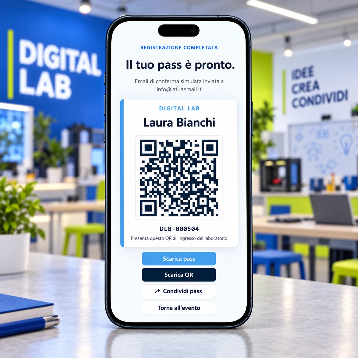 Smartphone - Iscrizioni e Check-in QR per Corsi e Seminari - mockup dimostrativo