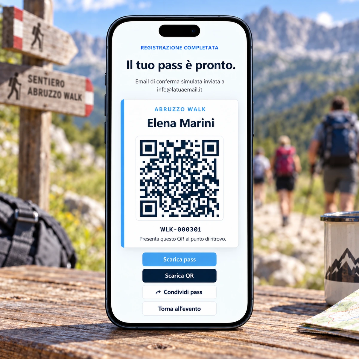 Smartphone - Iscrizioni e Check-in QR per Passeggiate ed Escursioni - mockup dimostrativo