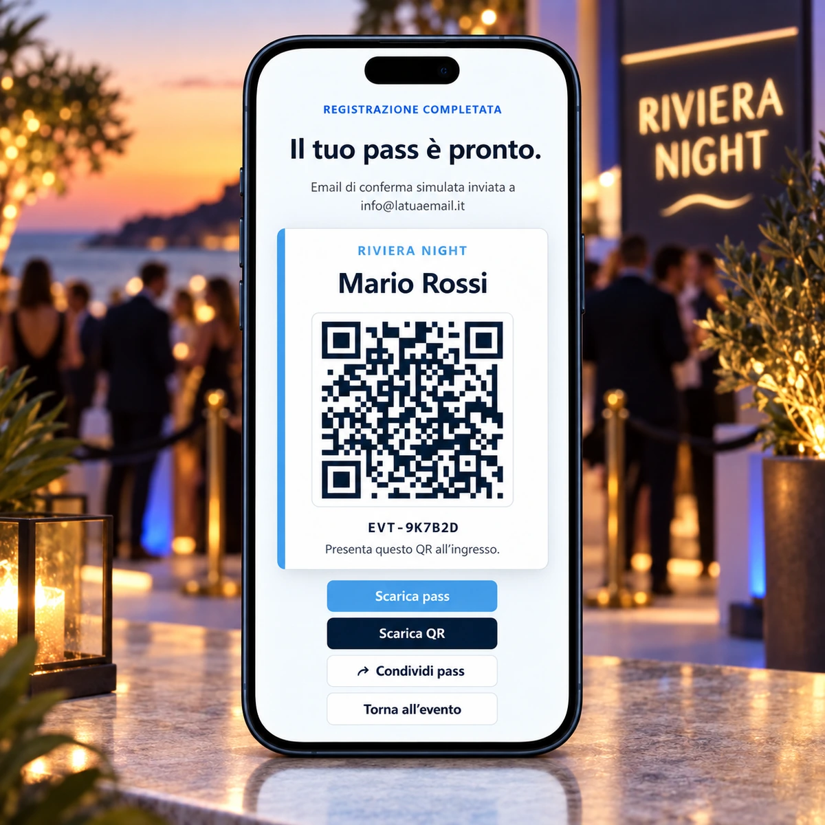 Smartphone - Iscrizioni e Check-in QR per Feste ed Eventi - mockup dimostrativo
