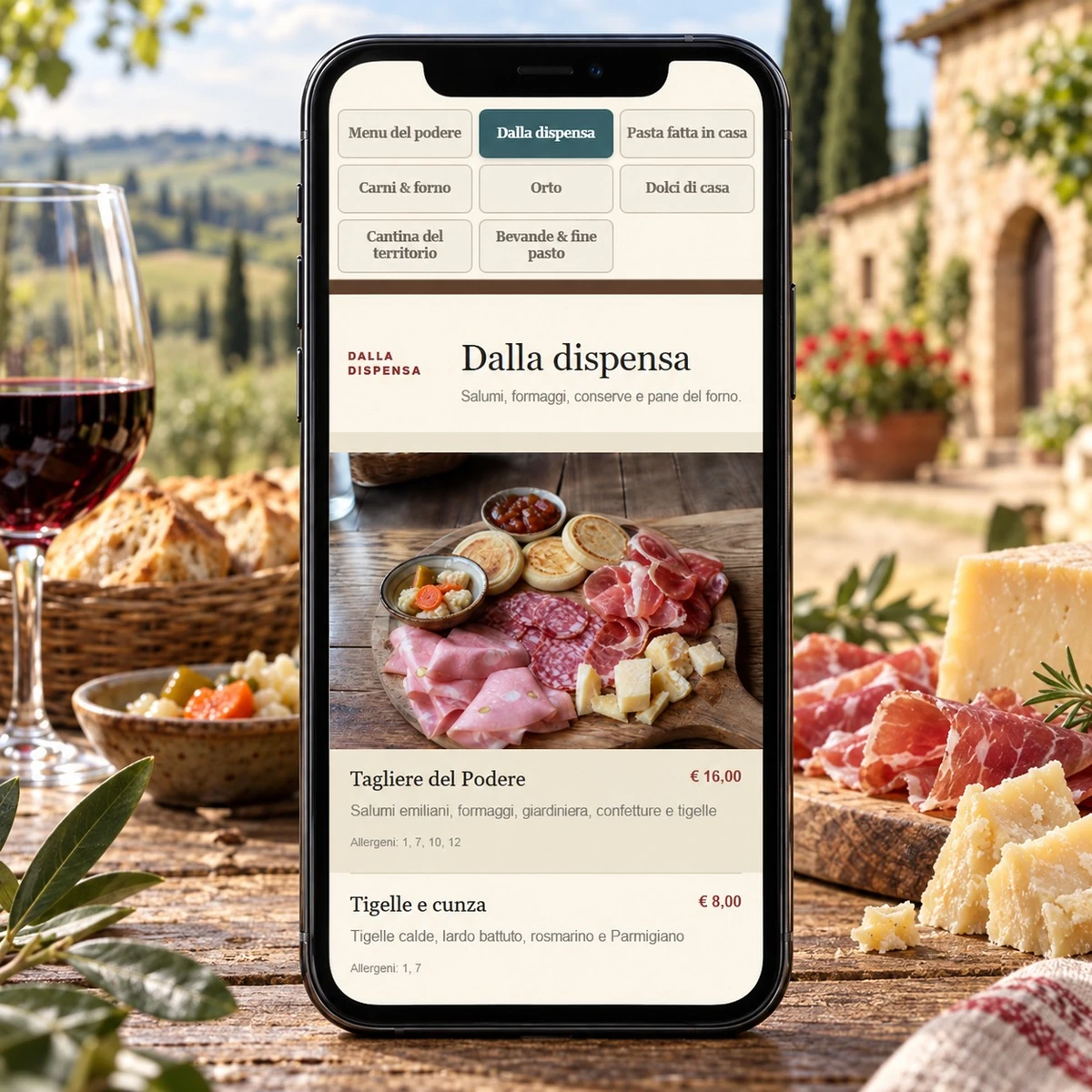 Menu QR Code per Agriturismi - Piatti, prezzi e allergeni - mockup dimostrativo