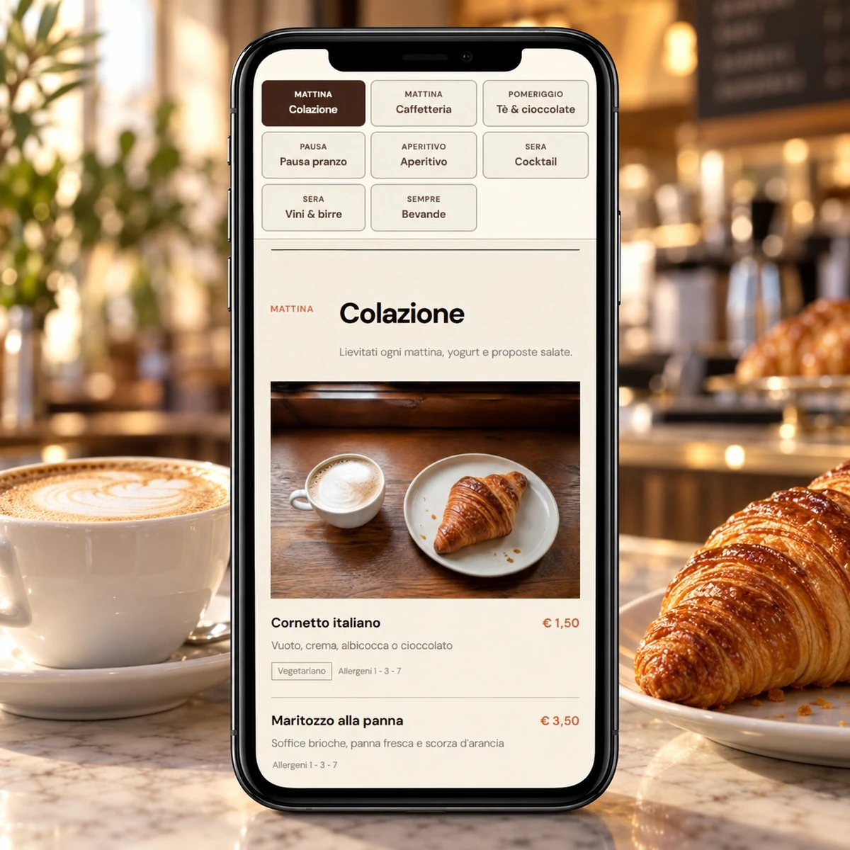 Menu QR Code per Bar e Caffetterie - Piatti, prezzi e allergeni - mockup dimostrativo