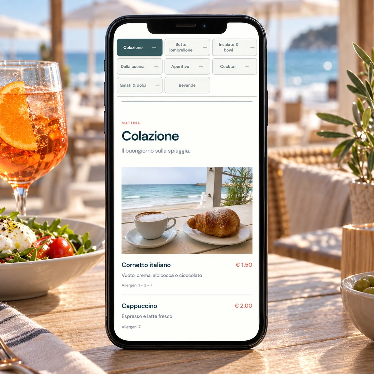 Menu QR Code per Beach Club e Stabilimenti Balneari - Piatti, prezzi e allergeni - mockup dimostrativo