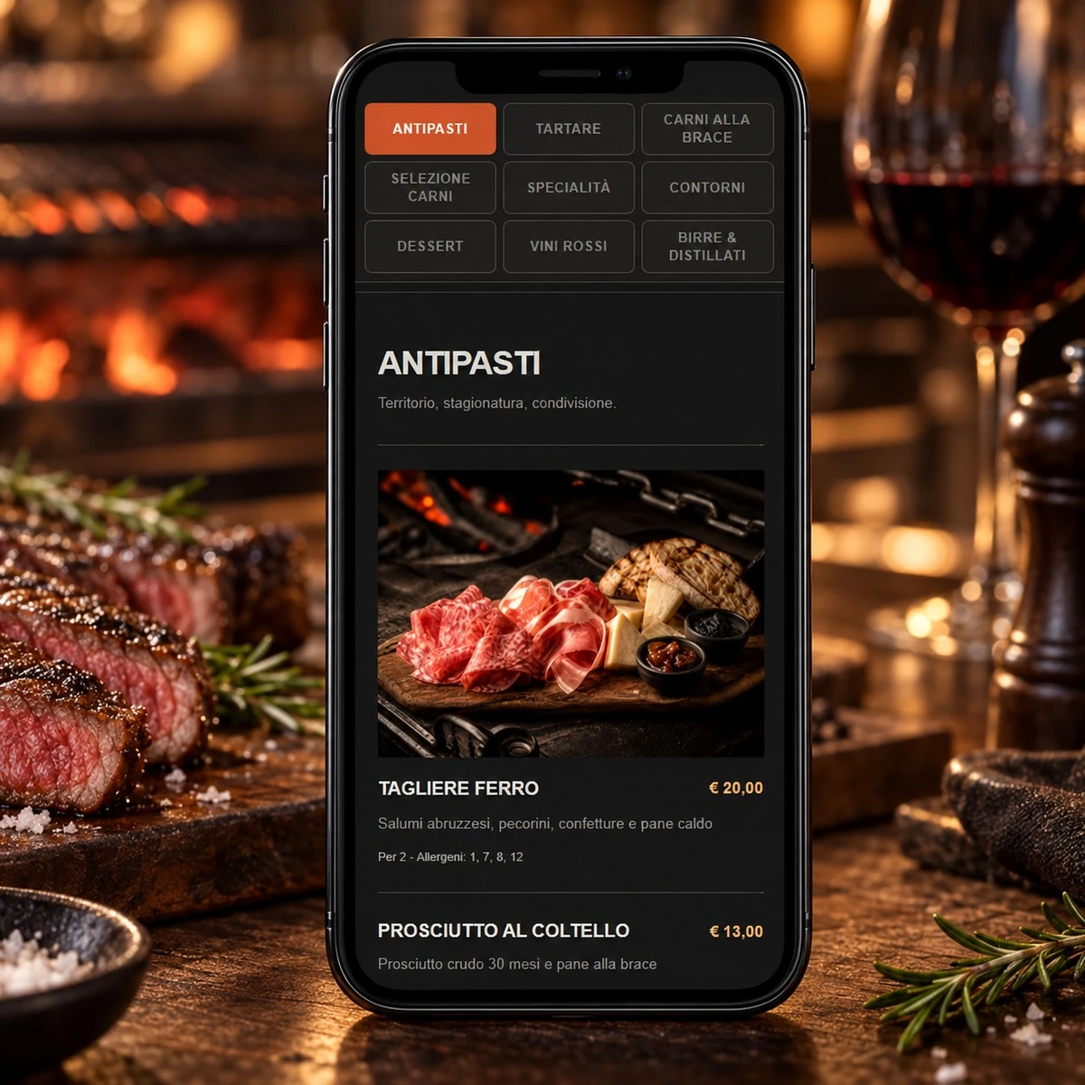 Menu QR Code per Bracerie - Piatti, prezzi e allergeni - mockup dimostrativo
