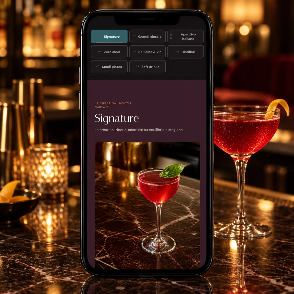 Menu QR Code per Cocktail Bar - Piatti, prezzi e allergeni - mockup dimostrativo