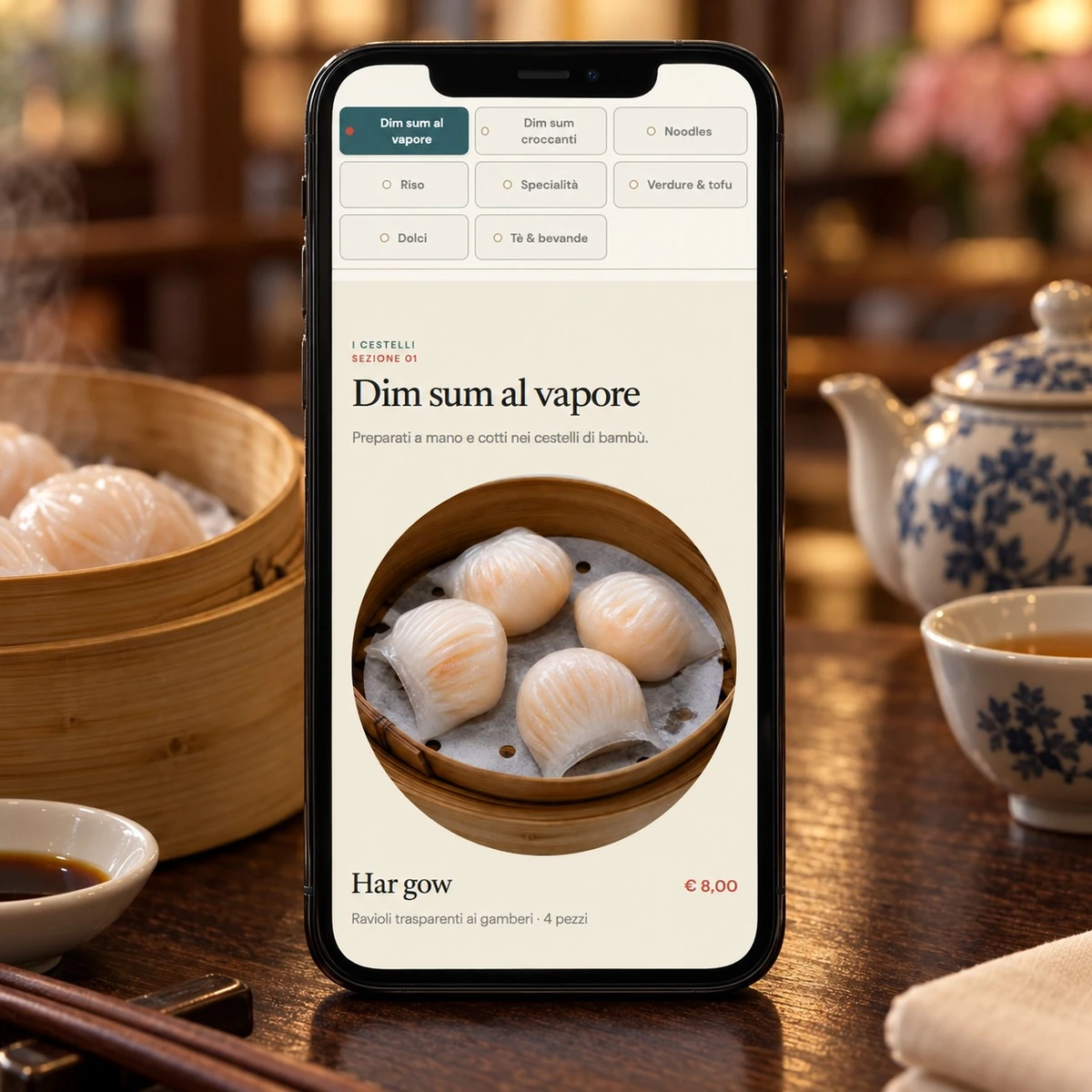 Menu QR Code per Dim Sum - Piatti, prezzi e allergeni - mockup dimostrativo