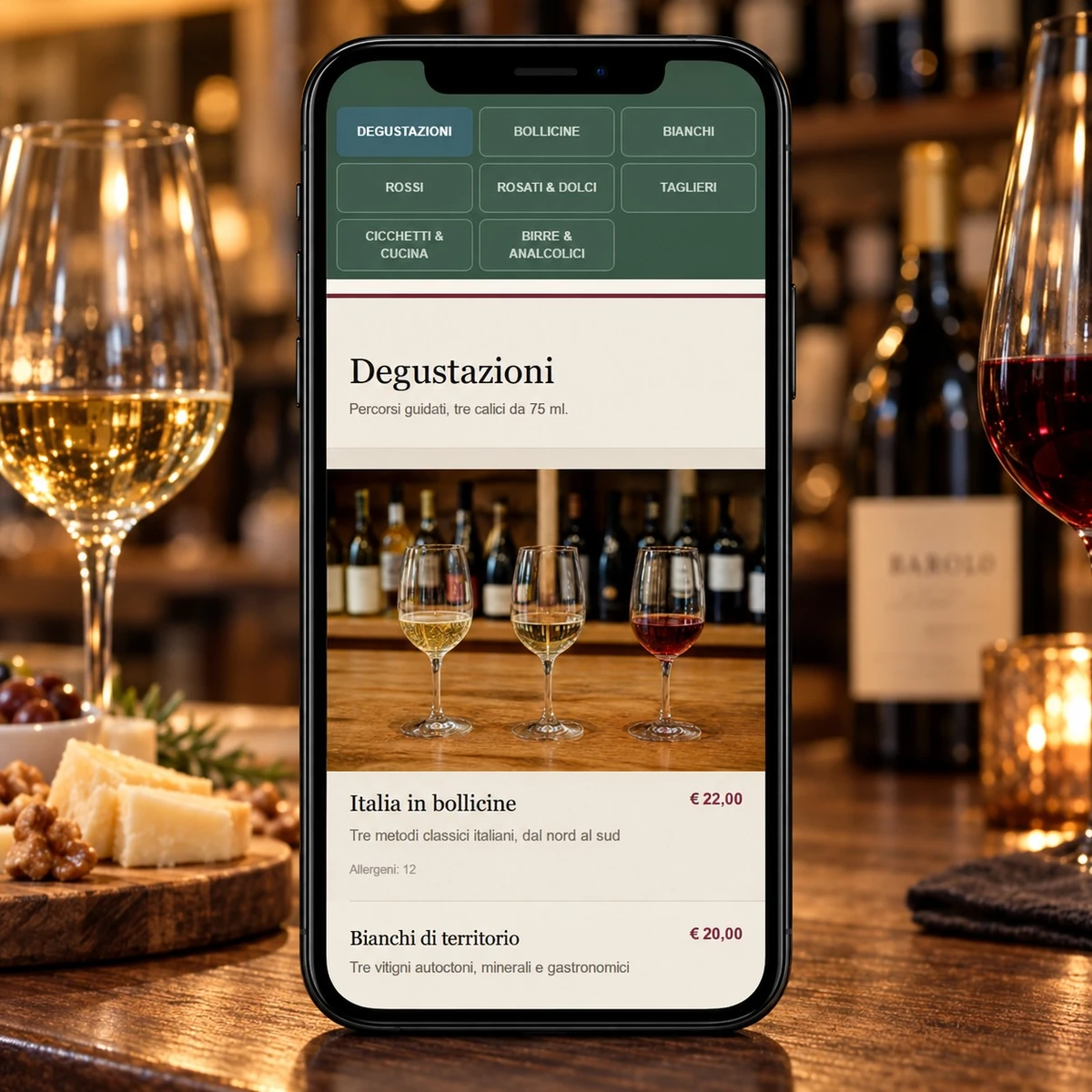 Menu QR Code per Enoteche - Piatti, prezzi e allergeni - mockup dimostrativo
