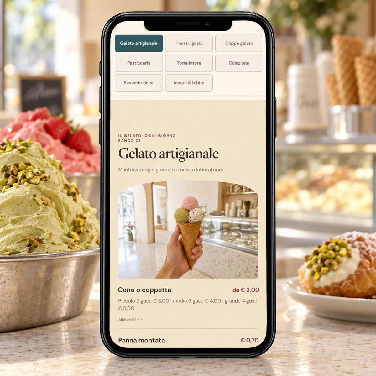 Menu QR Code per Gelaterie e Pasticcerie - Piatti, prezzi e allergeni - mockup dimostrativo