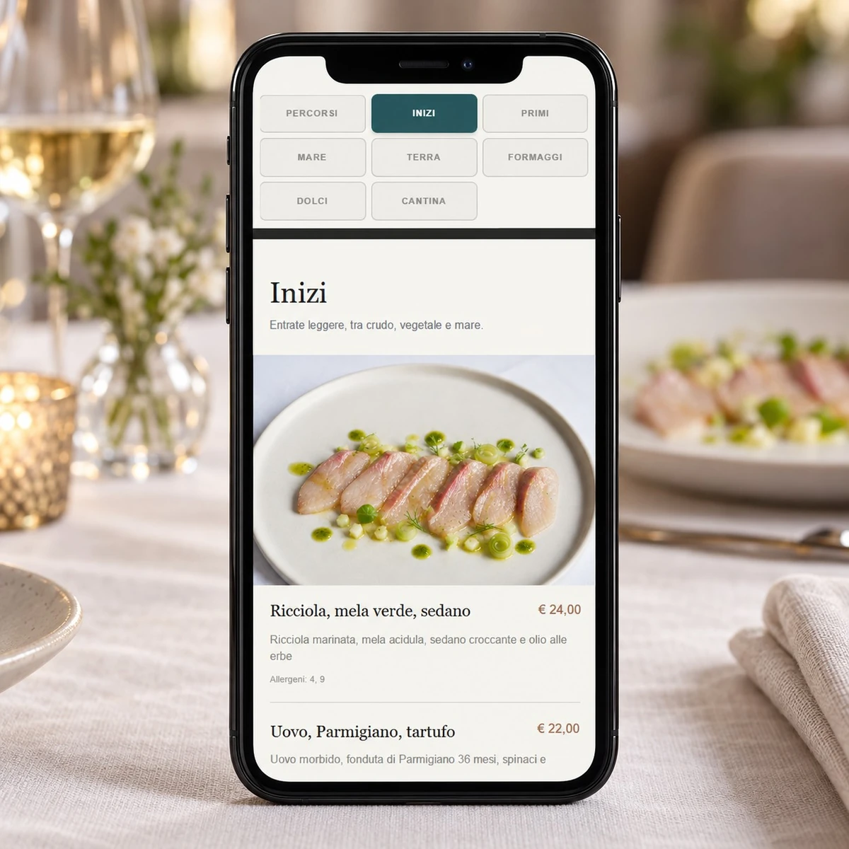 Menu QR Code per Ristoranti Gourmet - Piatti, prezzi e allergeni - mockup dimostrativo