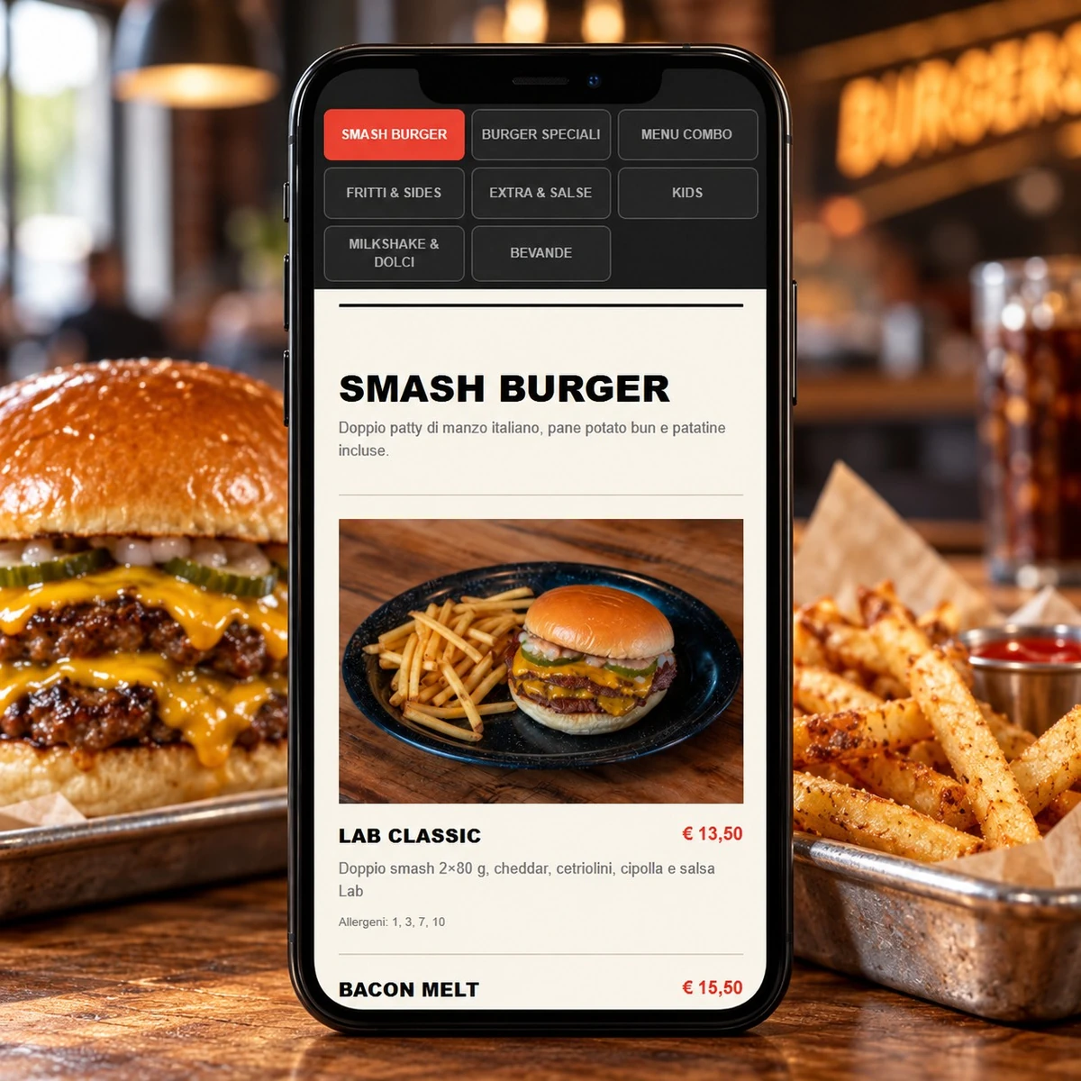 Menu QR Code per Hamburgerie - Piatti, prezzi e allergeni - mockup dimostrativo