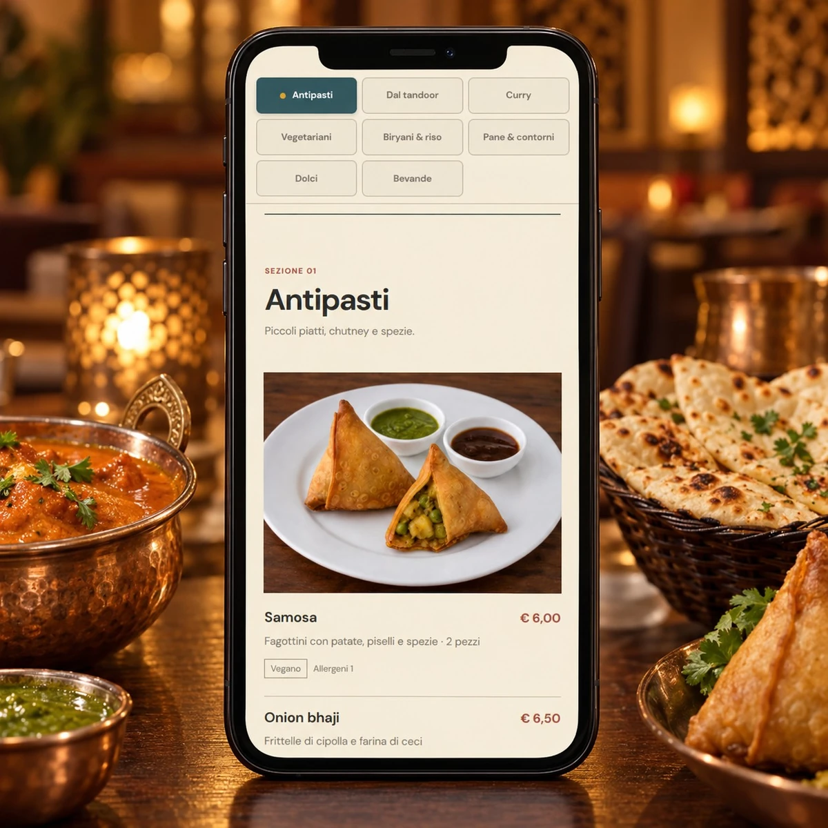 Menu QR Code per Ristoranti Indiani - Piatti, prezzi e allergeni - mockup dimostrativo