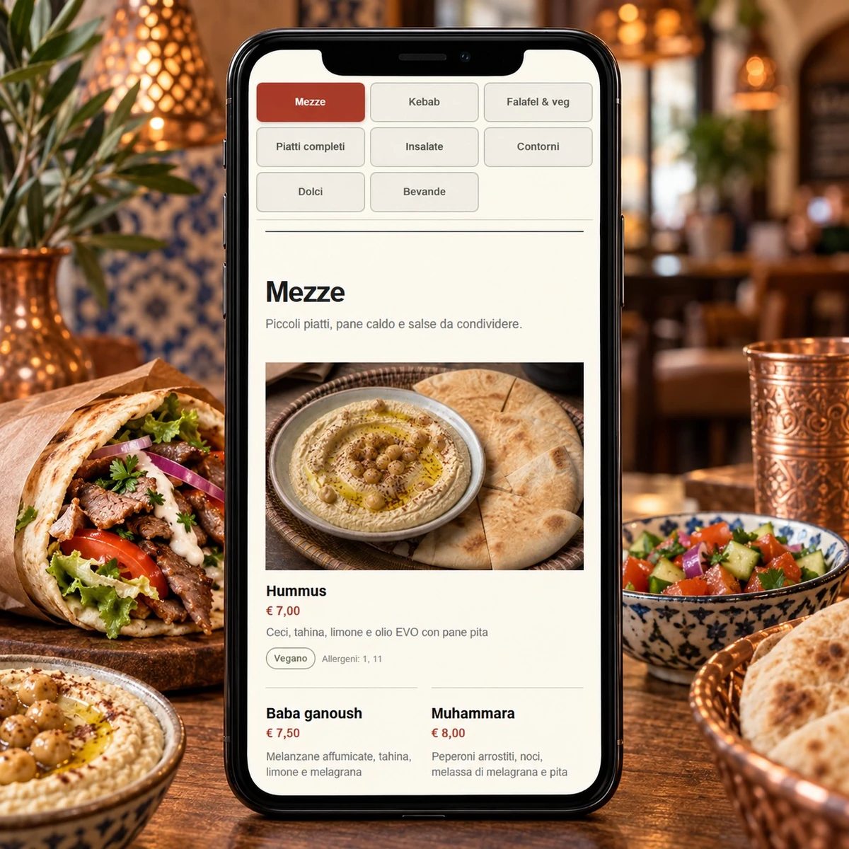 Menu QR Code per Kebab - Piatti, prezzi e allergeni - mockup dimostrativo