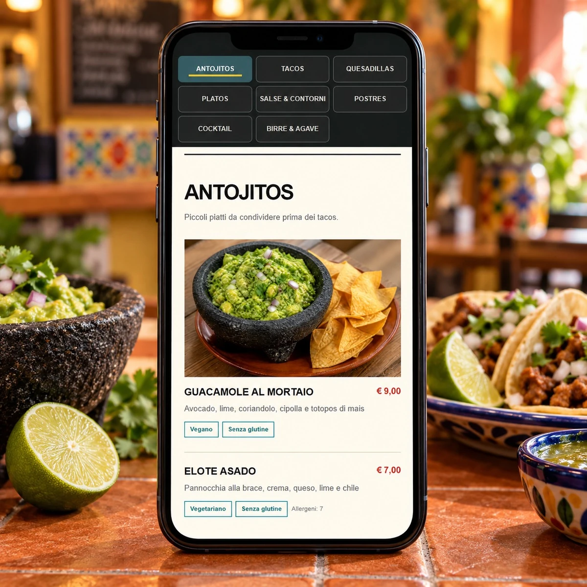 Menu QR Code per Ristoranti Messicani - Piatti, prezzi e allergeni - mockup dimostrativo