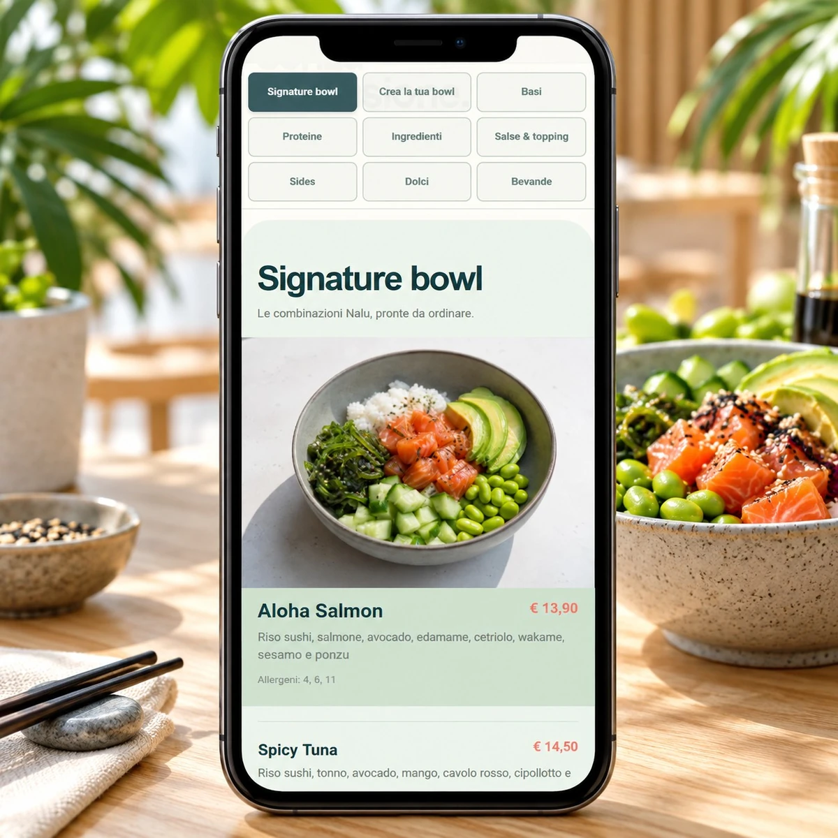 Menu QR Code per Poké - Piatti, prezzi e allergeni - mockup dimostrativo