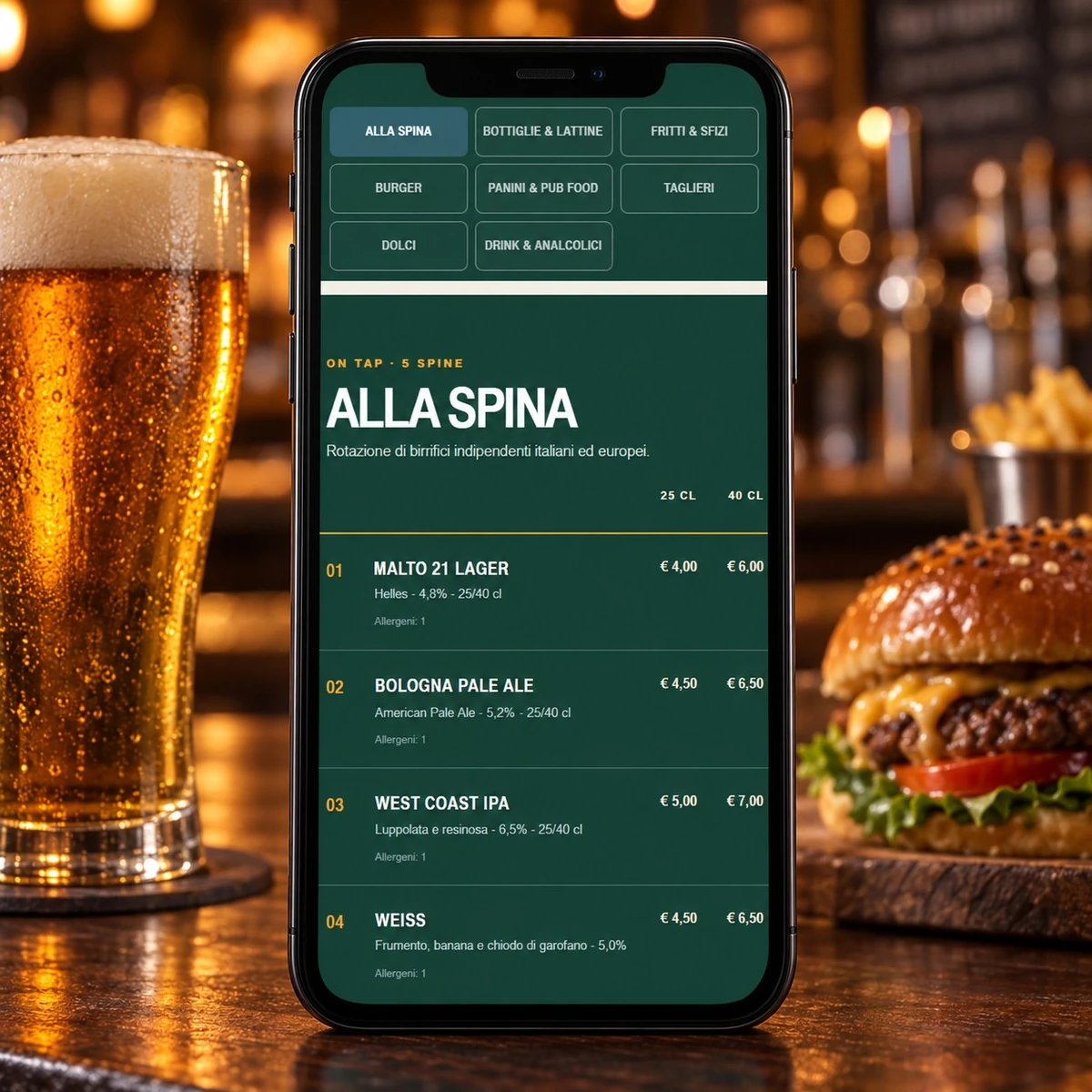 Menu QR Code per Pub e Birrerie - Piatti, prezzi e allergeni - mockup dimostrativo