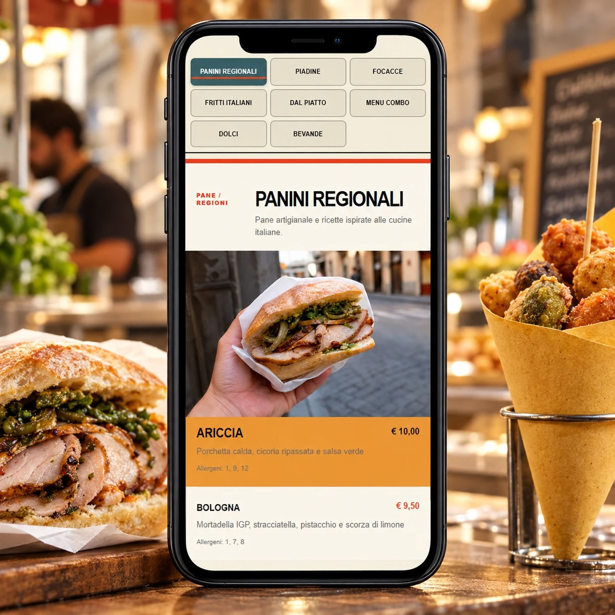 Menu QR Code per Street Food - Piatti, prezzi e allergeni - mockup dimostrativo